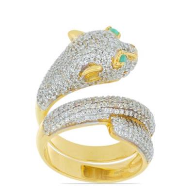 925 STERLING SILVER EMERALD PANTHER RING WITH CZ PAVÉ – GOLD PLATED